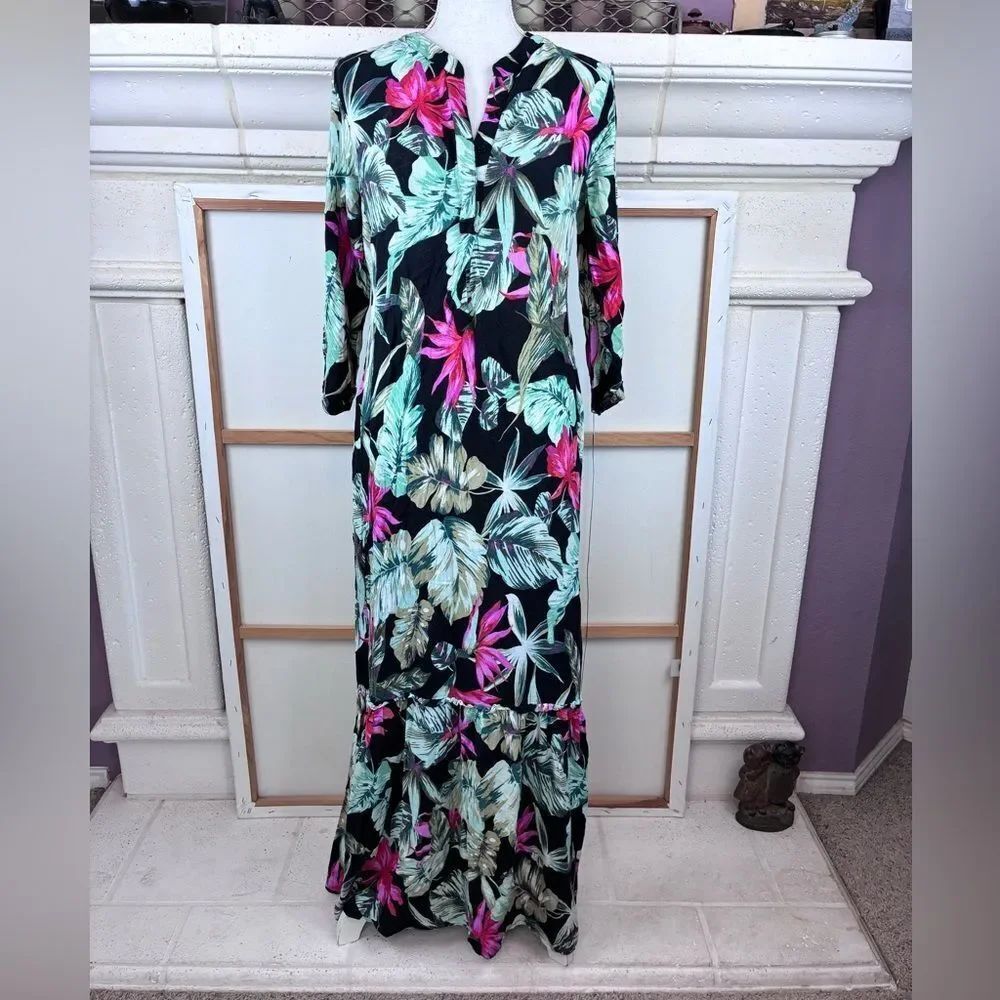 New York & Co. Black Tropical Maxi Dress w/ Pink & Mint Floral Print, belt